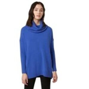 French Connection Womens S Cobalt Blue Cowlneck Slouch Long Split Sweater Cozy